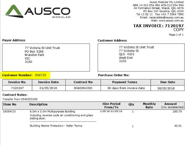 Ausco Invoice example for PayWay instructions