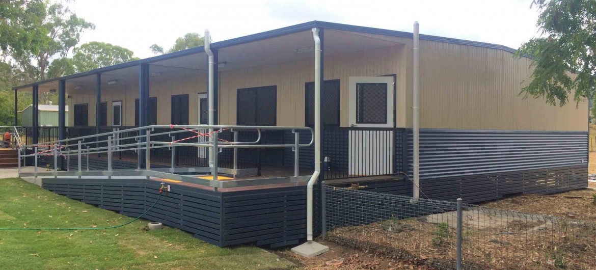 Exterior Modular School Classrooms with Rampway on Lawn