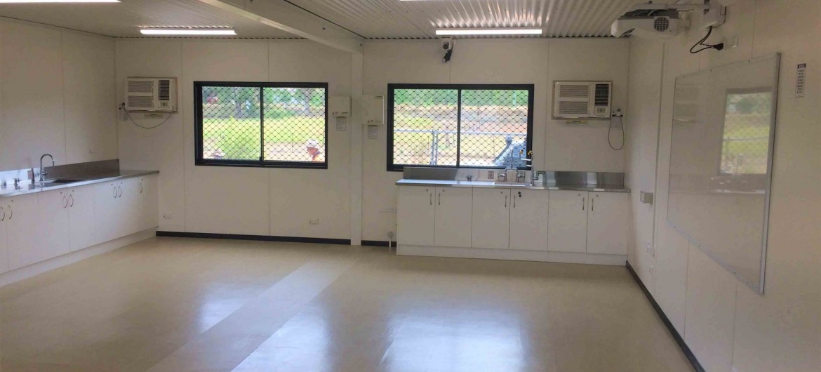 Interior Science Classroom with Built-in Benches and Sinks
