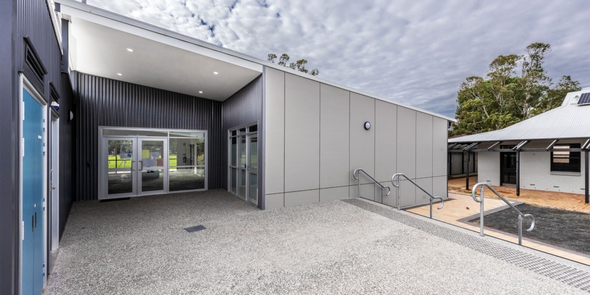 Exterior Modular School Building with Corrugated Steel Cladding and Grey Panelling