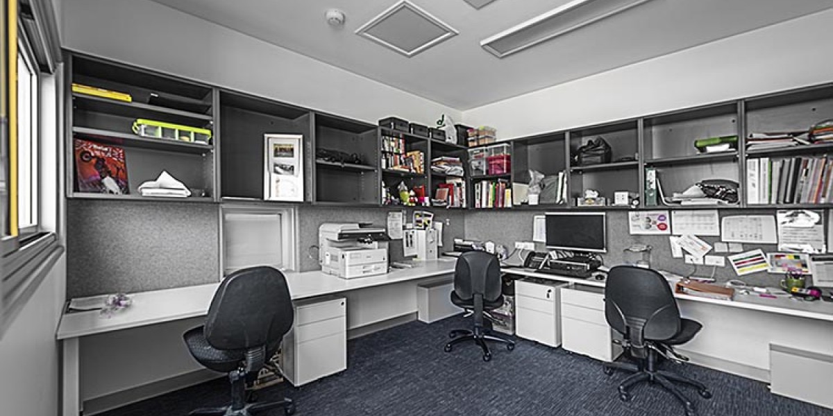 Interior Office with Three Desks and Chairs, Wall Shelving