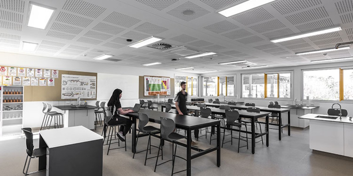 Interior Science Classroom with Communal Desks and Chairs