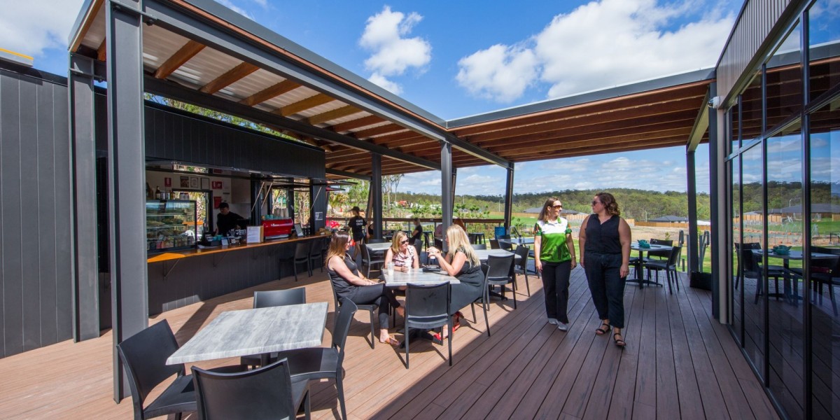 Outdoor Deck with Canteen, Tables and Chairs and People in Walkway