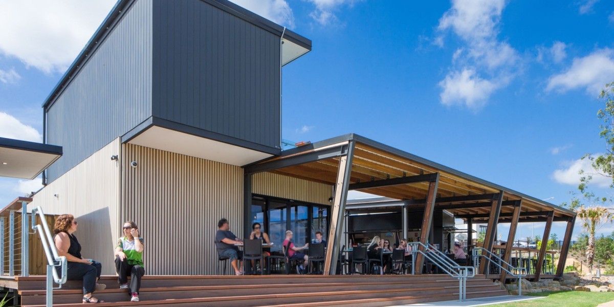 Exterior Sales Office with Outdoor Undercover Deck with People Seated and Stairway