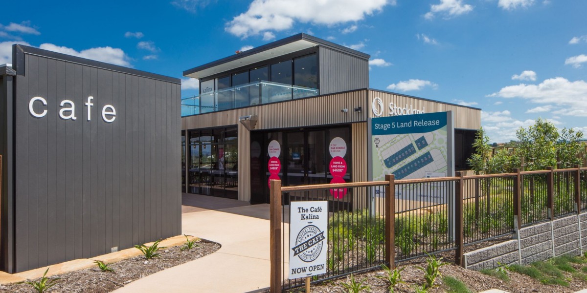 Exterior Modular Sales Office with Wooden Panelling and Stockland Signage