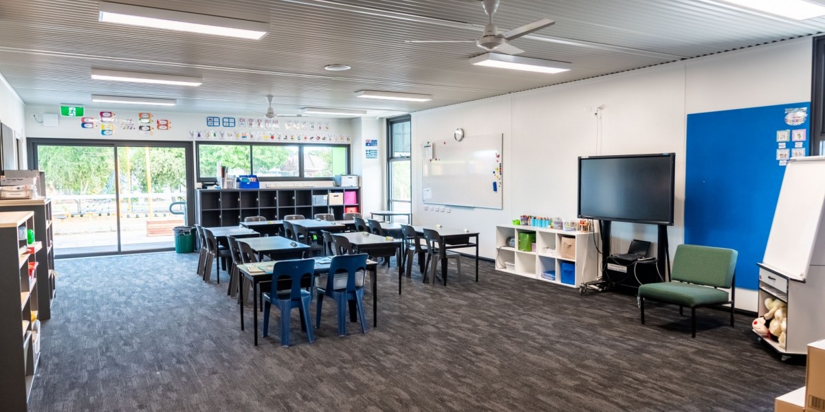Interior Classroom with Whiteboard, Desks and Chairs