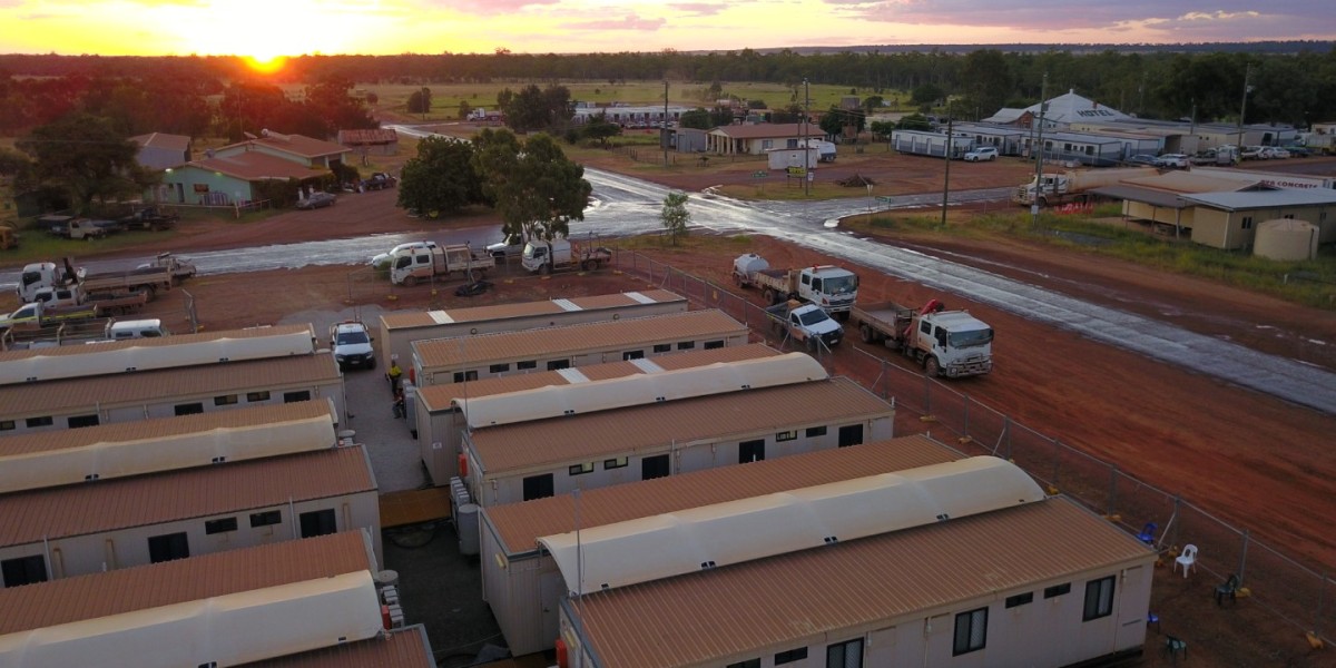 Aerial View of Mining Accommodation Buildings in Remote Landscape