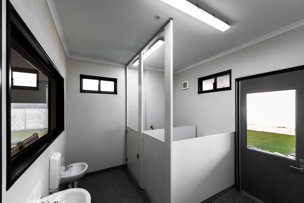 Child-size toilets, sinks and amenities in modern modular classrooms