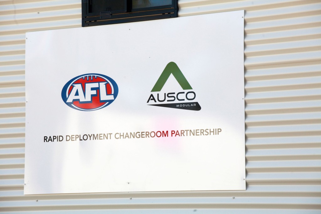 Ausco Modular changeroom with AFL and Ausco Rapid Deployment signage