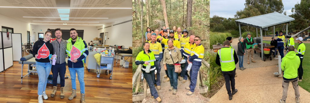 An image of Ausco's Melbourne team donating blood, as well as our Brisbane and Adelaide teams doing bushland rehabilitation.