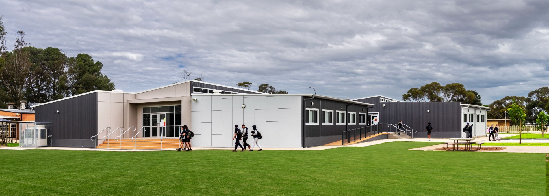 Modular School Building Exterior with Lawn in front