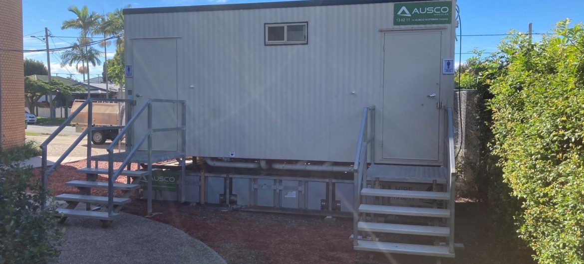 Ausco's portable toilet block with waste tanks