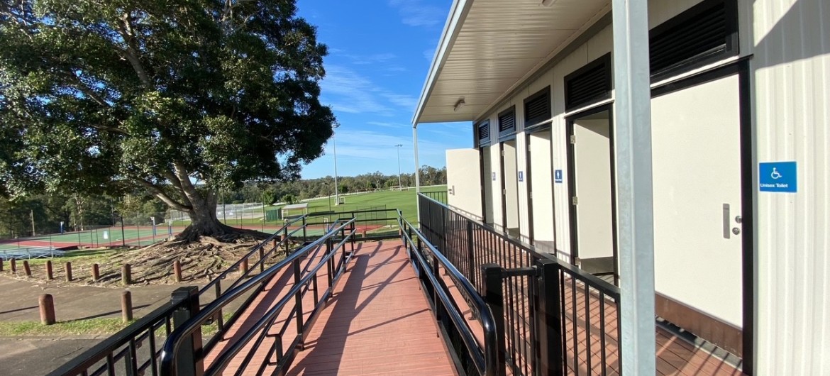 Demountable Toilet Block Building and Ramp Facing Sports Ground